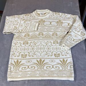 Vintage TR Bentley Womans XL Sweater White Gold Shimmer Tribal Print Tunic Retro